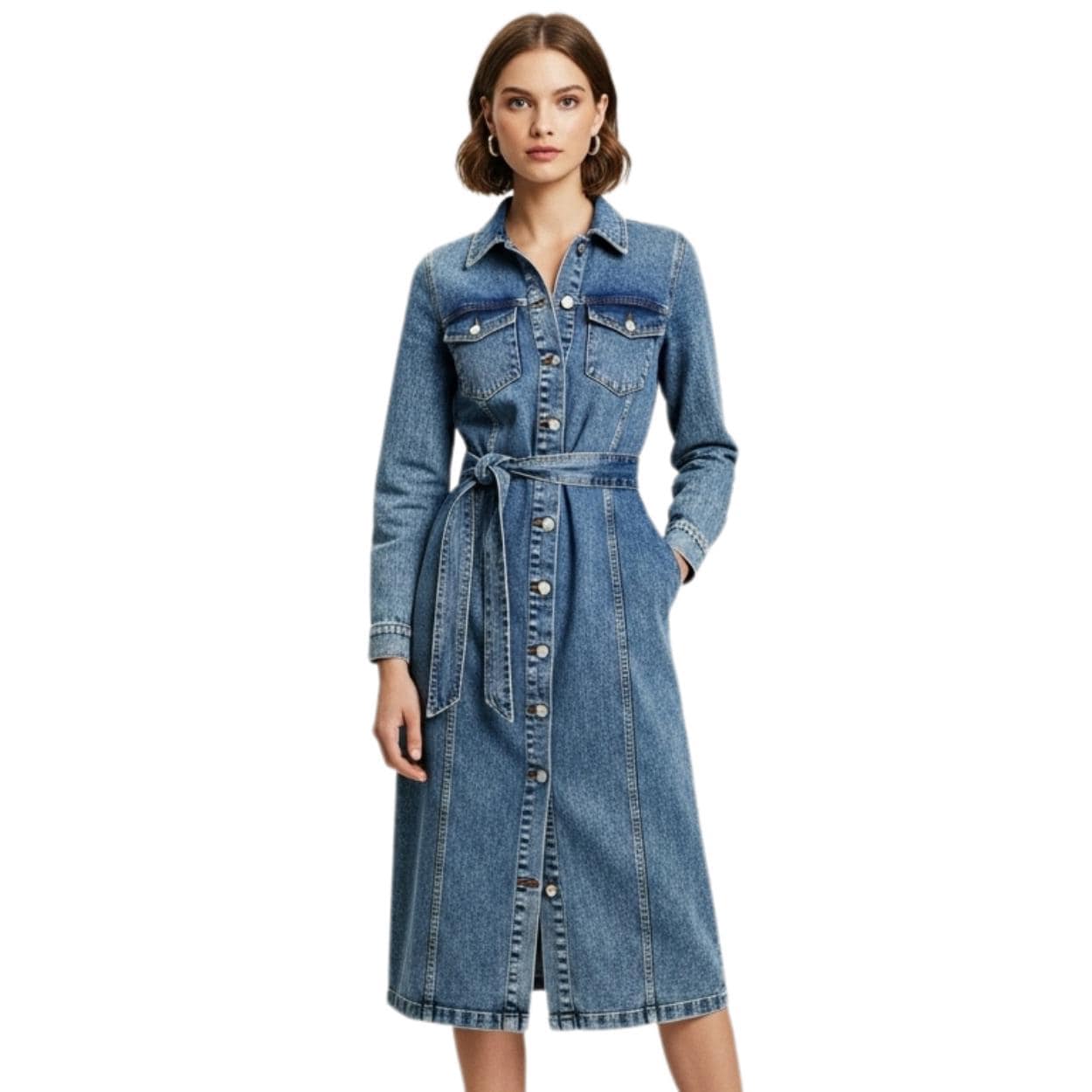 Vestido camisa jeans azul clássico: midi com botões e cinto