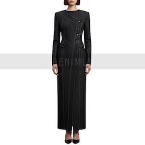 Asymmetrical Button Denim Gown: Lace-Up Open Back, Long Sleeve