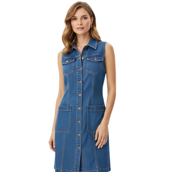 Vestido camisero vaquero sin mangas: vestido vaquero azul hasta la