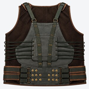 May include: A dark brown mesh vest featuring a charcoal grey leather-like panel on the front. The panel is secured with vertical olive green straps, brass-toned eyelets, and side lacing. The lower section includes horizontal straps with brass snaps.