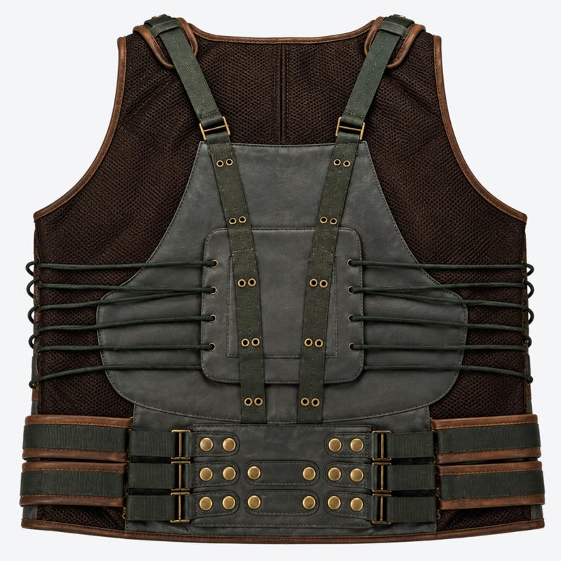 May include: A dark brown mesh vest featuring a charcoal grey leather-like panel on the front. The panel is secured with vertical olive green straps, brass-toned eyelets, and side lacing. The lower section includes horizontal straps with brass snaps.