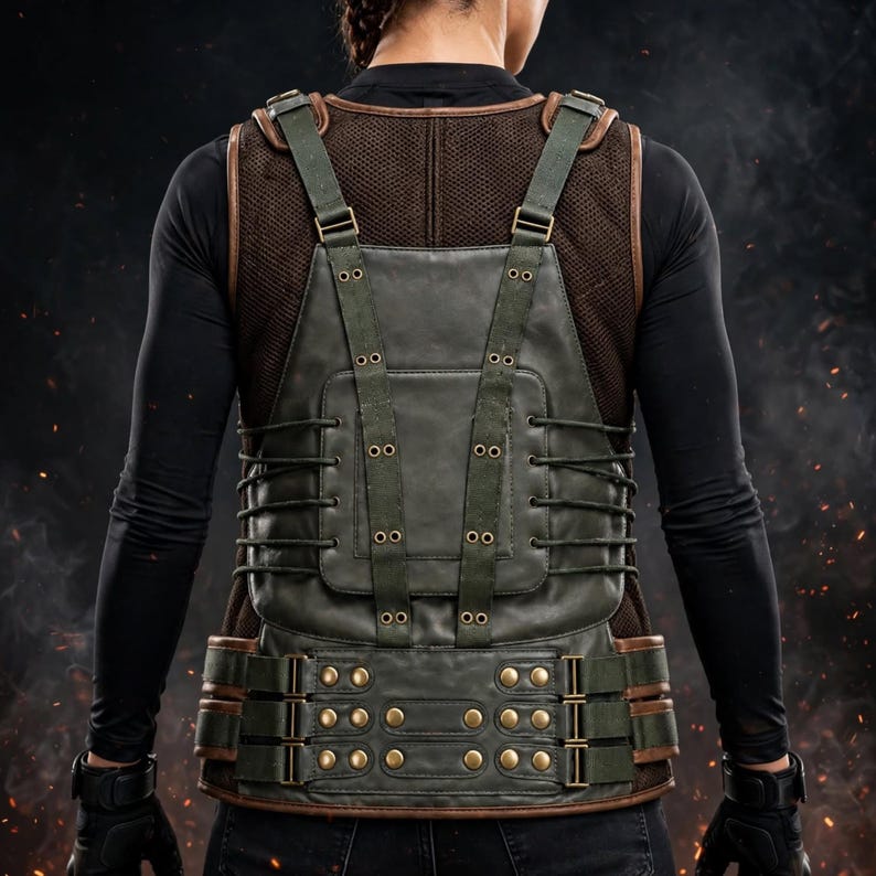 May include: A dark olive green tactical vest featuring a structured back panel with vertical straps, brass-toned metal grommets, and lacing details. The garment includes a lower horizontal belt section with multiple brass snap buttons and adjustable buckles.