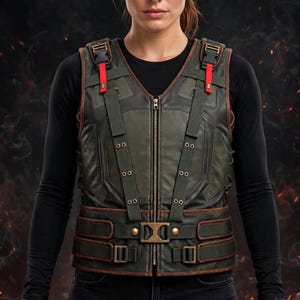 May include: A dark olive green tactical vest featuring a central zip, brown leather-like trim, and adjustable straps with metallic buckles. The garment includes vertical webbing, brass-toned eyelets, and two prominent red fabric tabs at the shoulders.