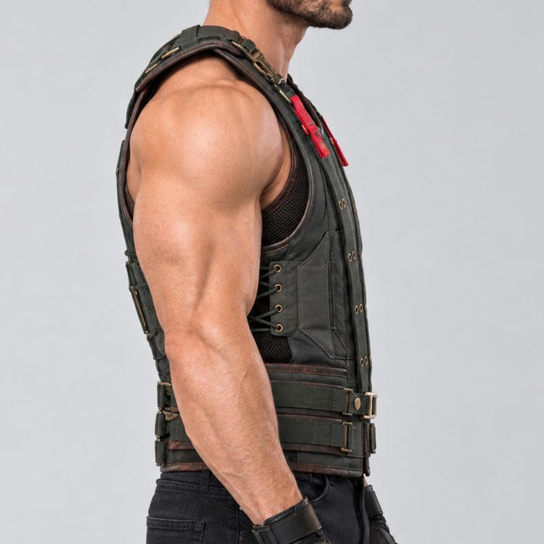 May include: A dark olive green tactical vest featuring a structured design with side lacing, multiple horizontal straps with metallic buckles, and prominent red accents on the shoulder area. The garment is constructed with reinforced panels.
