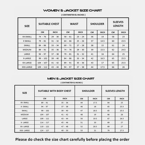 May include: A black and white jacket size chart featuring two tables for different body types. The charts list measurements in centimetres and inches for chest, waist, shoulder, and sleeve length, ranging from XX-Small to XXX-Large sizes.