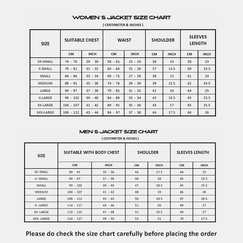 May include: A black and white jacket size chart featuring two tables for different body types. The charts list measurements in centimetres and inches for chest, waist, shoulder, and sleeve length, ranging from XX-Small to XXX-Large sizes.