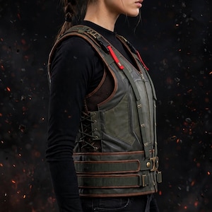 May include: A dark olive green tactical vest featuring brown leather-like trim, side lacing, and adjustable straps with metallic buckles. The vest includes a front zip, mesh side panels, and red accents on the shoulder straps for a structured look.