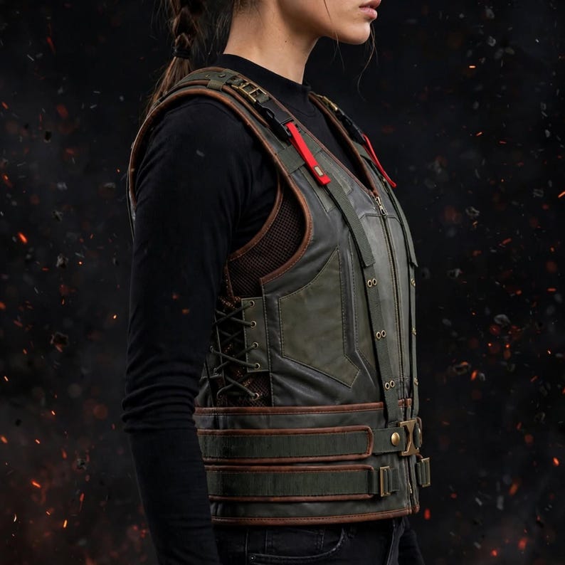 May include: A dark olive green tactical vest featuring brown leather-like trim, side lacing, and adjustable straps with metallic buckles. The vest includes a front zip, mesh side panels, and red accents on the shoulder straps for a structured look.