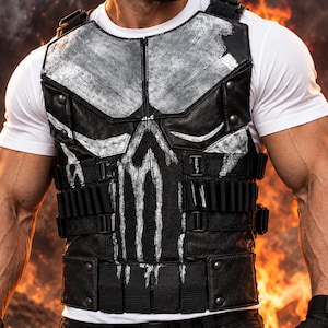 May include: A black tactical vest featuring a large, distressed white skull graphic on the front. The vest includes multiple horizontal straps, integrated ammunition loops, and metallic stud accents, worn over a plain white short-sleeved t-shirt.
