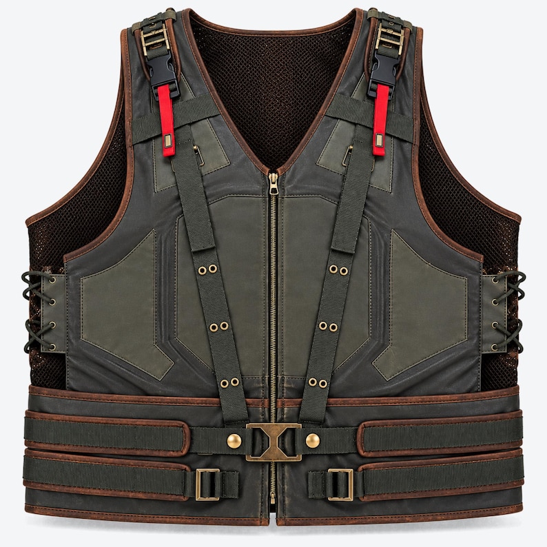 May include: A dark olive green and brown tactical vest featuring a front zip closure, adjustable shoulder straps with black plastic buckles and red accents, side lacing details, and a horizontal waist belt with metallic buckles and brass-toned hardware.