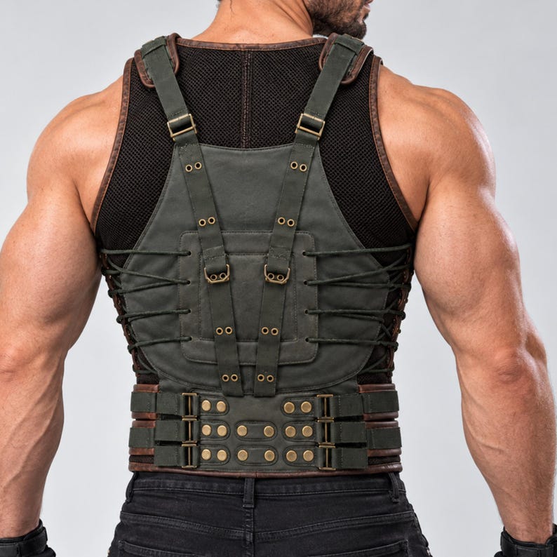 May include: A dark olive green tactical-style vest featuring adjustable shoulder straps, bronze-toned metal buckles, and eyelets. The back panel includes crisscross lacing, a central rectangular patch, and a wide waist belt with multiple metal rivets.