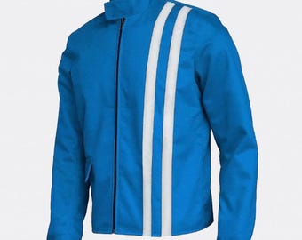Men Speedway Retro Racing Jacket Blue Cotton Biker White Stripe Zip Up Bomber Streetwear