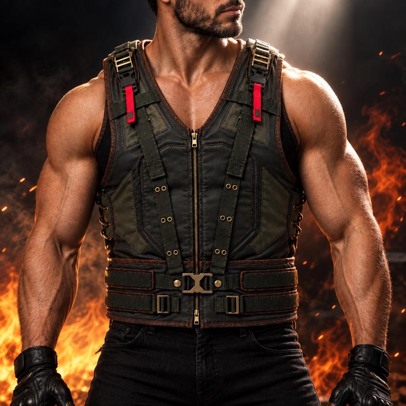 May include: A dark olive green and black tactical vest featuring a central zip, vertical straps with metallic eyelets, and adjustable buckles. The garment includes red fabric accents on the shoulder straps and a wide, reinforced waist belt.