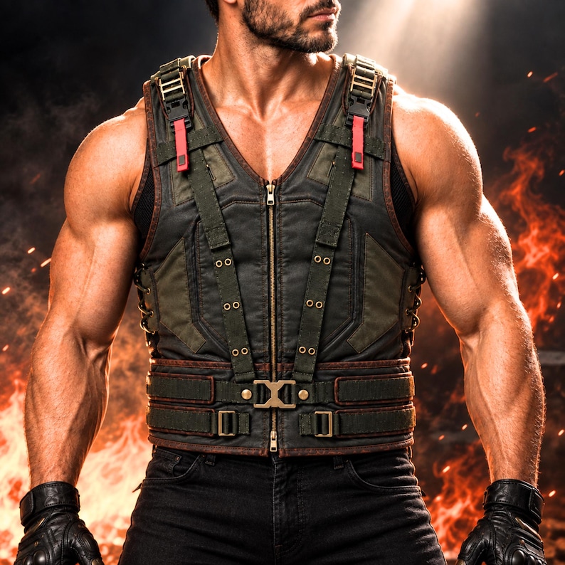 May include: A dark olive green and black tactical vest featuring a central zip, adjustable shoulder straps with red accents, metal eyelets, and a waist belt with a metallic buckle. The vest includes side lacing details and reinforced panels.