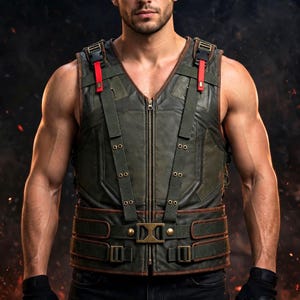 May include: A dark olive green tactical vest featuring a central zip, brown leather-look trim, and vertical webbing straps with brass-toned eyelets. The vest includes two prominent red plastic buckles at the shoulders and a metallic waist buckle.