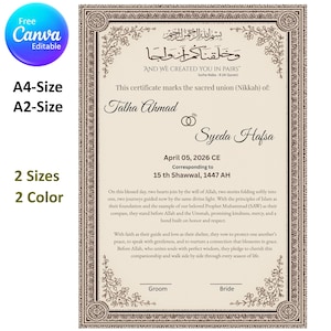 Nikkah Certificate | Muslim Marriage Contract Template, Canva Editable & Printable