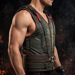 May include: A dark olive green tactical vest featuring a front zip closure, brown leather-look trim, and adjustable straps with metallic buckles. The vest includes red fabric accents, side lacing details, and a mesh panel on the side.