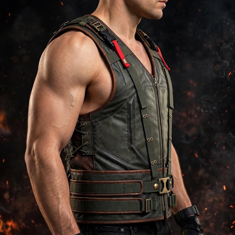 May include: A dark olive green tactical vest featuring a front zip closure, brown leather-look trim, and adjustable straps with metallic buckles. The vest includes red fabric accents, side lacing details, and a mesh panel on the side.