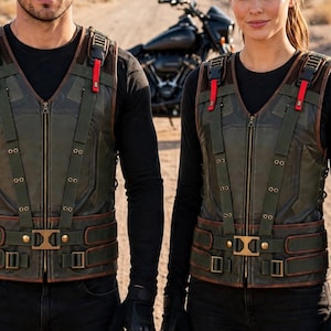 May include: A dark olive green tactical vest featuring a front zip closure, vertical webbing straps, and adjustable buckles. The vest includes red accent tabs on the shoulder straps, brass-toned metal hardware, and a structured design with multiple reinforced panels.
