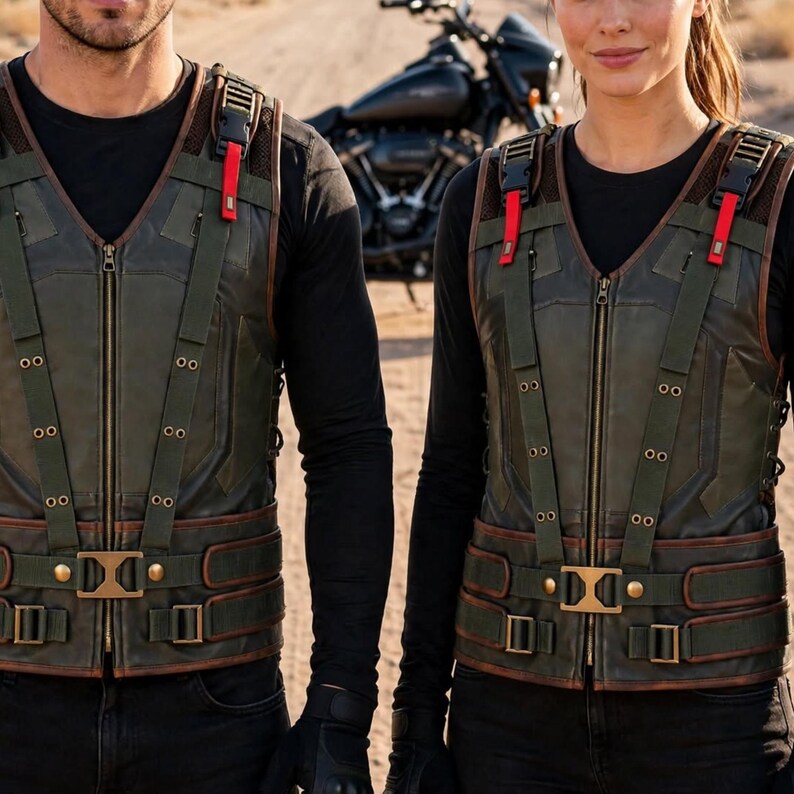 May include: A dark olive green tactical vest featuring a front zip closure, vertical webbing straps, and adjustable buckles. The vest includes red accent tabs on the shoulder straps, brass-toned metal hardware, and a structured design with multiple reinforced panels.