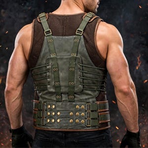 May include: A dark olive green tactical vest featuring a brown mesh base layer, adjustable shoulder straps, and a central panel secured with thin cords. The lower section includes horizontal straps with metallic buckles and brass-toned rivets.