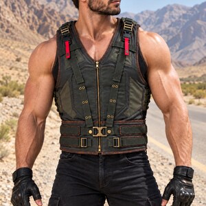 May include: A dark olive green tactical vest featuring a central brass zip, vertical straps with brass eyelets, and a wide waist belt with a metallic buckle. The vest includes red fabric accents on the shoulder straps and side lacing details.
