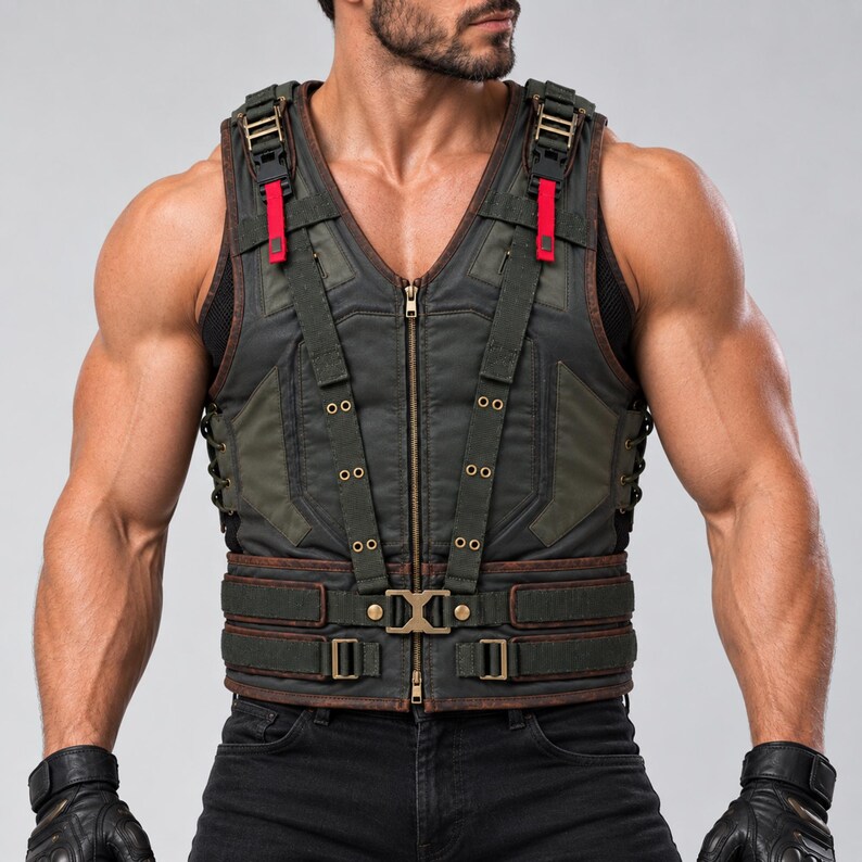 May include: A dark olive green tactical vest featuring a central zip, adjustable shoulder straps with red accents, and a wide waist belt with a metallic buckle. The vest includes side lacing, reinforced stitching, and multiple brass-toned eyelets.