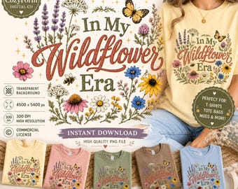 Vintage Wildflower Era PNG, Botanical Floral T-Shirt Design (Digital Download)