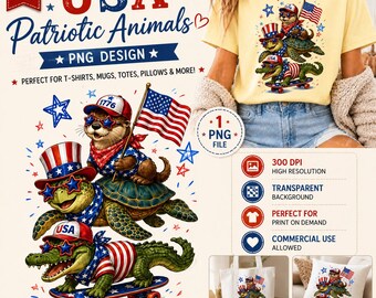 Patriotic Animals PNG, 4th of July Otter Turtle Alligator Sublimation Design (Digital Download)