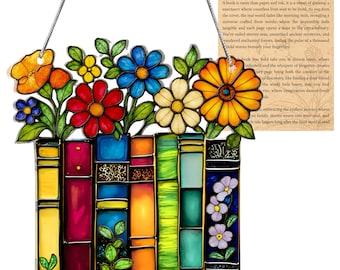 Floral Book Lover Suncatcher – Colorful Stained Glass Style Window Hanging, Literary Garden Decor