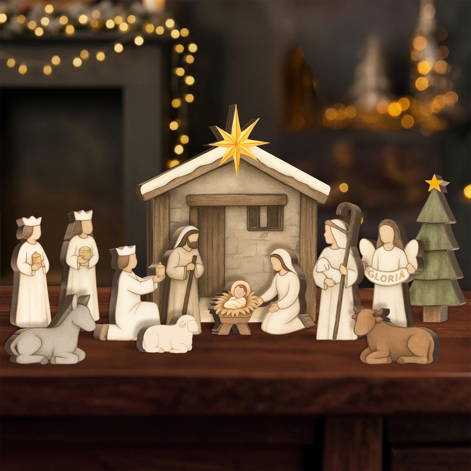 Rustic Wooden Nativity Scene – Neutral Christmas Tabletop Decoration ...