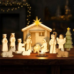 May include: Wooden nativity scene featuring a stable, star, and figures of Mary, Joseph, baby Jesus, angels, and the Three Wise Men. Includes a small candle and a Christmas tree. The figures are light brown and white.