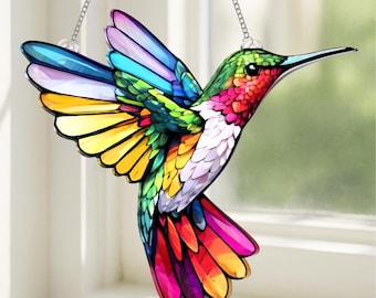 Rainbow Hummingbird Stained Glass Style Hanging Ornament