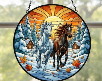 窓や壁にぴったりの、自然の精神をとらえたエレガントな馬のステンド