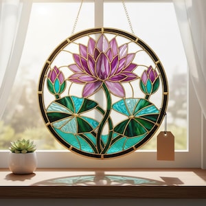 Lotus Flower Glass Suncatcher Round Stained Glass Style Window Hanging, Serenity Sun Catcher Decor with Purple Lotus & Green Leaves