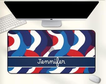 Custom Abstract Desk Mat, Red and Blue Wave Pattern Desk Pad, Personalized Modern Retro Office Mat, Unique Bold Design Desk Decor Gift 00391