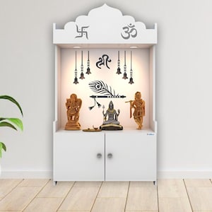 Weißer Holzhausstempel - Wandmontierter Mandir mit Aufbewahrungsschrank - Holz ausgeführter Pooja Mandir für Zuhause & im Büro