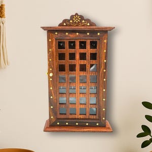 Wooden Key Holder with Grid Door | Wall Mounted Key Box with 6 Hooks | Handcrafted Wooden Cabinet | Rustic Home Decor Organizer |