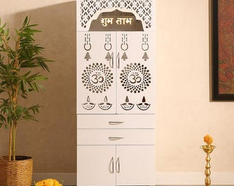 White Wooden Pooja Mandir for Home | Engineered Wood Temple with LED Om & Shubh Labh Design | Prayer Altar Cabinet with Storage