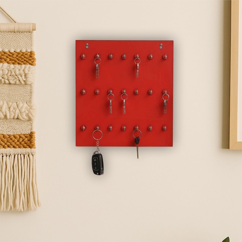 Large Wooden Key Holder Board | 24 Hook Wall Mounted Organizer | Red ...