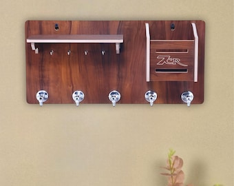 Wooden Wall Mounted Key Holder with Shelf & Letter Slot | 9 Hook Key Organizer | Rustic Entryway Key Rack for Home and Office