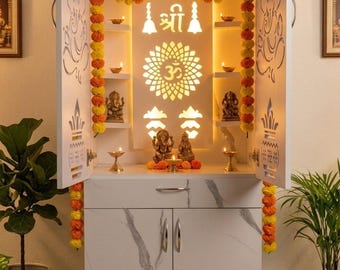 White Wooden Pooja Mandir with Storage Drawer, LED Light, and Elegant Ganesha Design