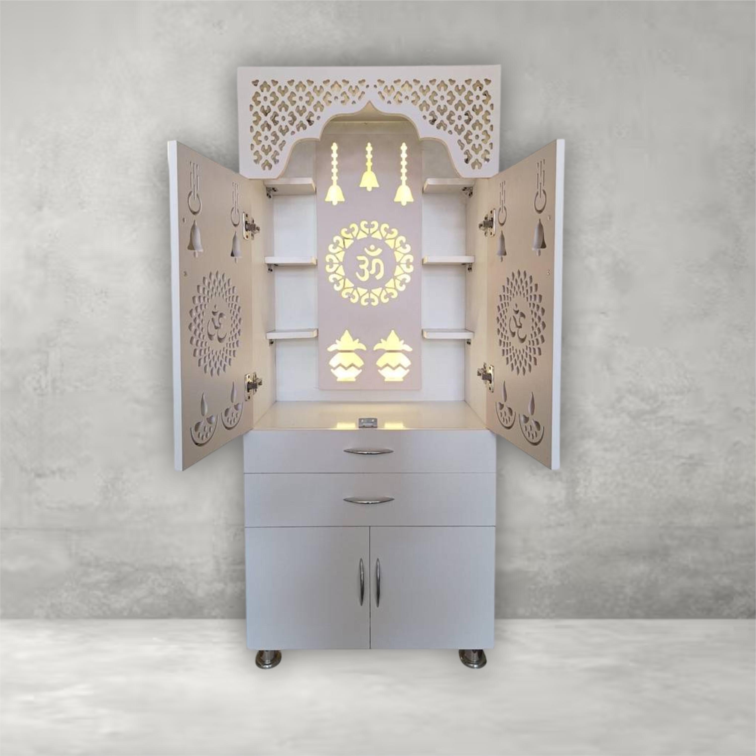 SATYA EXPORTS Houten tempel met kast en LED-verlichting | Puja Mandir voor | Pooja Ghar | Tempel met kast (WIT, 48X24X16 INCHES