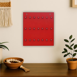 Può includere: Una vivace bacheca rossa da parete con più pomelli rotondi e trasparenti disposti in file. La bacheca quadrata è appesa a una parete di colore neutro. Una ciotola decorativa e una pianta sono in primo piano.