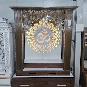 Large Wooden Temple for Home | 9ft Pooja Mandir with OM Backlight | Handmade Indian Altar | Spiritual Prayer Shrine | Solid Wood Mandir