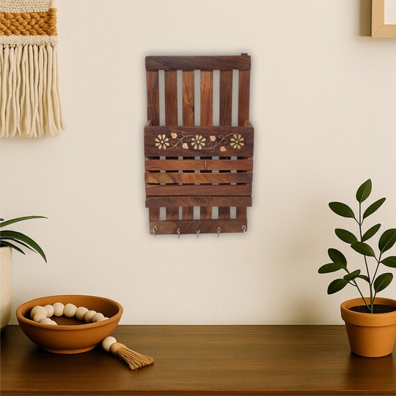 Wooden Key Holder with 5 Hooks and Floral Inlay Mail Organizer in Vertical Slatted Design for Wall Mounted Entryway or Office Décor