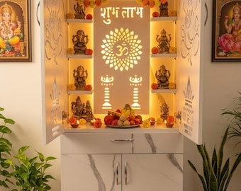Luxury Home Temple with LED Backlit Shubh Labh and Storage Drawer