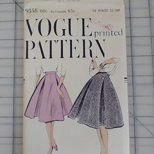 May include: Vogue printed pattern sewing pattern with two illustrations of women wearing skirts. The pattern number is 9558, the price is 60c, and the size is 24 waist and 33 hip.