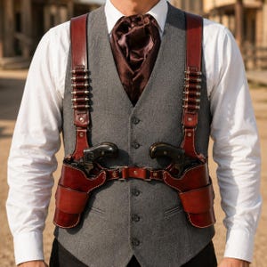 Può includere: Una fondina doppia a spalla in pelle marrone con passanti per proiettili integrati, indossata sopra un gilet grigio, una camicia bianca a maniche lunghe e un plastron in raso marrone scuro. Il sistema sostiene due pistole nere in vita.