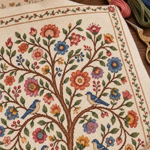 Könnte beinhalten: Eine Kreuzstichstickerei auf cremefarbenem Stoff mit einem zentralen Baum mit braunen Ästen, bunten Blumen in Rot-, Rosa-, Blau- und Gelbtönen sowie drei blauen Vögeln, die auf den Ästen sitzen, alles umrahmt von einer floralen Bordüre.